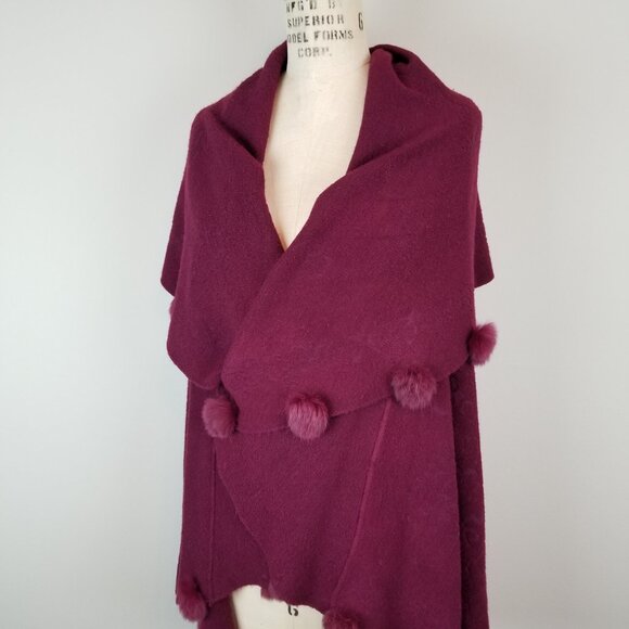 Vintage Wine Burgundy Knit Long Vest with Dramatic Collar & Rabbit Fur Pom Poms - Picture 8 of 11